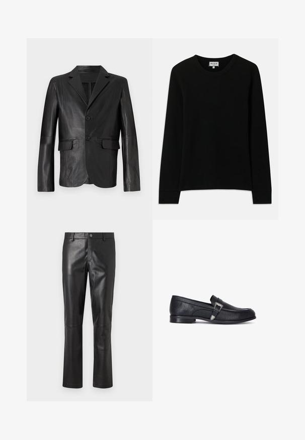 Blazer de cuero negro con solapa, dos botones, dos bolsillos frontales y una textura suave, diseñado con un corte entallado.; Camisa de punto de canalé negra de manga larga con cuello redondo, etiquetada como Paul & Joe Paris, tamaño mediano, exhibida sobre un fondo blanco.; Pantalones de cuero negro con una textura suave, diseño de pierna recta y costuras sutiles a lo largo de las costuras. Presenta un cierre de botón en la cintura.; Mocasines de cuero negro con un acabado texturizado, que cuentan con un acento de hebilla de plata y un perfil bajo, diseñados para uso casual o formal.