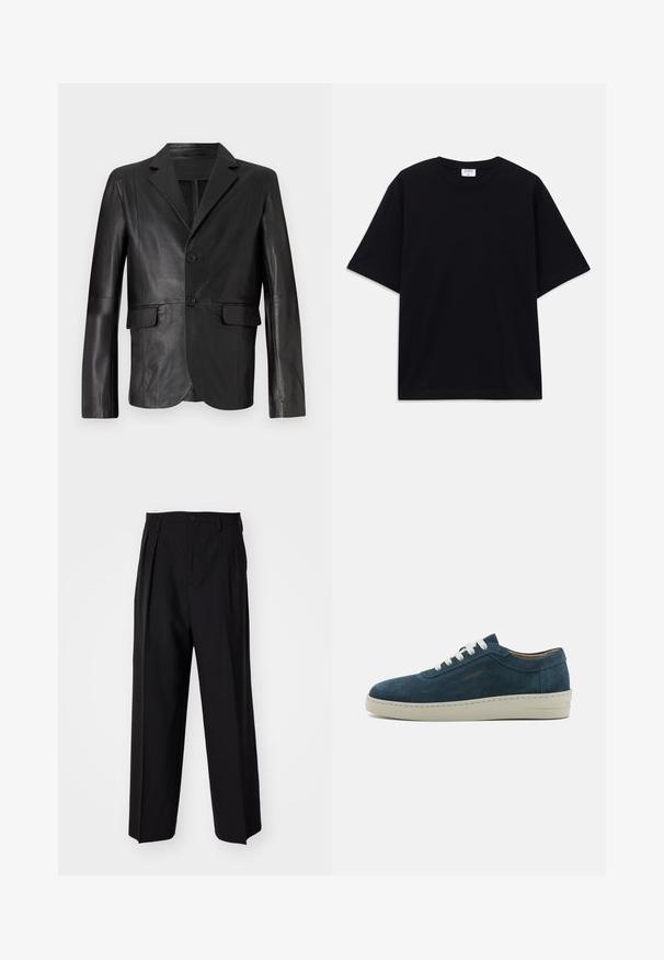 Blazer de couro preto com colarinho com corte em bico, dois botões, dois bolsos frontais e uma textura suave, projetado com um ajuste justo.; T-shirt oversized de manga curta preta com decote redondo e etiqueta da marca Filippa K visível no interior da gola.; Calças pretas plissadas com um design reto e de perna larga. Feitas de um tecido liso, apresentam um fecho de botão e passantes para cinto.; Sapatilha de camurça azul com bico arredondado, atacadores brancos e sola de borracha. Apresenta costuras discretas e um detalhe com marcação na lateral.