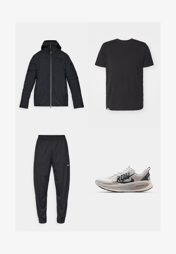Black waterproof jacket with a hood, full front zipper, long sleeves, and a sleek design. Features minimal branding and a smooth texture.; Black short-sleeve t-shirt in a smooth cotton material, featuring a crew neckline and a small label at the bottom left seam.; Black athletic pants with an elastic waistband, tapered legs, and a small white Nike logo on the left thigh. Smooth fabric, no patterns.; Nike Performance VOMERO 18 RUN - Road running shoes - summit white/black/college grey/vast grey/sequoia/sail
