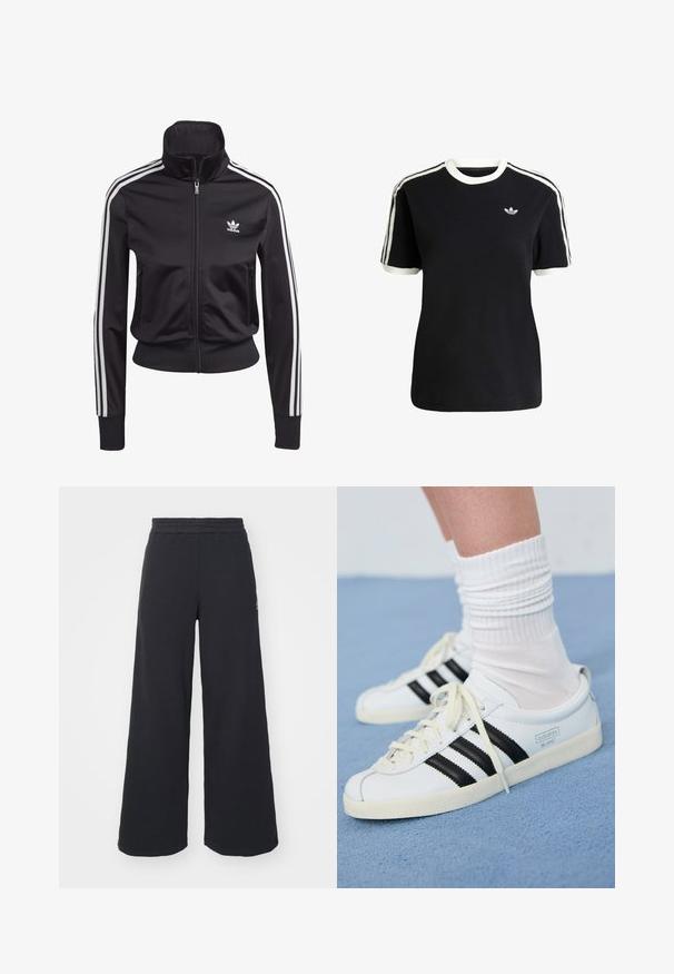 Veste de sport noire fabriquée en tissu lisse et léger. Elle dispose d'un col montant, d'une fermeture éclair et de trois rayures blanches sur chaque manche.; T-shirt en coton noir avec des accents blancs sur le col et les manches, arborant trois rayures blanches sur chaque épaule et un petit logo sur la poitrine.; Pantalons de survêtement larges noirs en tissu doux, dotés d'une taille élastique et d'un petit logo sur le côté gauche.; Baskets blanches en cuir avec des rayures noires, semelle crème et lacets clairs. Portées avec des chaussettes blanches côtelées, positionnées sur un fond bleu.