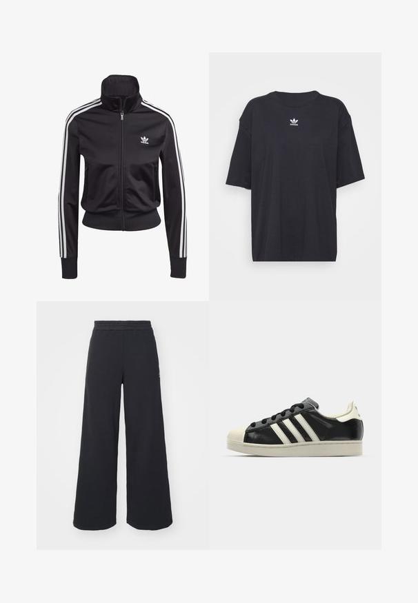 Black athletic jacket made from smooth, lightweight fabric. Features a high collar, zip closure, and three white stripes on each sleeve.; Black cotton t-shirt with short sleeves, round neckline, features a white Adidas logo on the chest. Simple design, relaxed fit.; Black wide-leg sweatpants made from soft fabric, featuring an elastic waistband and a small logo on the left side.; Black leather sneaker with white stripes, rubber toe cap, black laces, and a cream-colored outsole. Smooth texture with shiny finish.