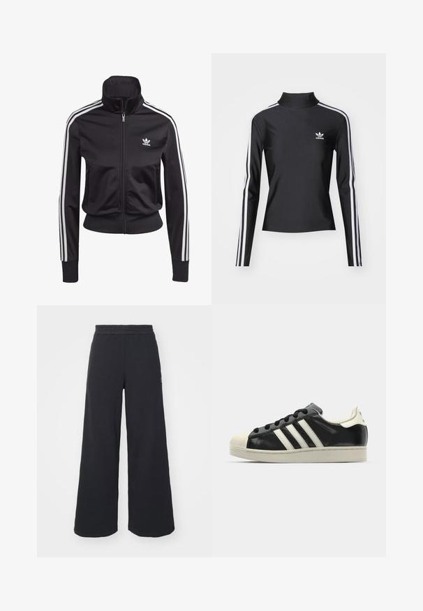 Melns sporta jaka, izgatavota no gluda, viegla auduma. Iekļauj augstu apkakli, rāvējslēdzēju un trīs baltas svītras katrā piedurknē.; Melnā garām piedurknēm tops ar augstu apkakli, izgatavots no gludas auduma. Iezīmētas ar baltām sānu svītrām un mazu balto logotipu uz krūšu daļas.; Melni platās svārku bikses, izgatavotas no mīksta auduma, ar elastīgu jostas daļu un mazu logotipu kreisajā pusē.; Melna ādas sporta apava ar baltām svītrām, gumijas purngala aizsardzību, melnām auklām un krēma krāsas zoli. Gluda tekstūra ar spīdīgu apdari.