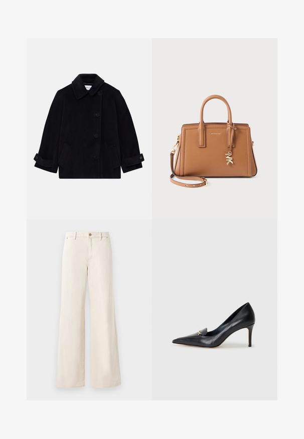 Tumesinine villane mantel, millel on krae, ühekordne nööbikinnitus, kaks küljetaskut ja nööpidega mansettide detail.; Kreemivalge pika varrukaga kudumispull, ringkaelusega, soonikkoes mansettide ja hemiga, asetatud tasasele valgele taustale.; Beesidude laiats püksid, mis on valmistatud puuvillast ja millel on sile tekstuur. Omavad nööbiga kinnitamist, eesosas taskud ja klassikaline puusakujundus.; Mustmust musta kinga terava nina, madala lõikega vamp ja dekoratiivne kuldne aksessuaar. Omab stilettokandikut ja sileda tekstuuri.; Pruun nahkainen käsihoidikuga käekott, eemaldatav rihm, kullatooniline "MK" ripats ja Michael Korsi logo ees.