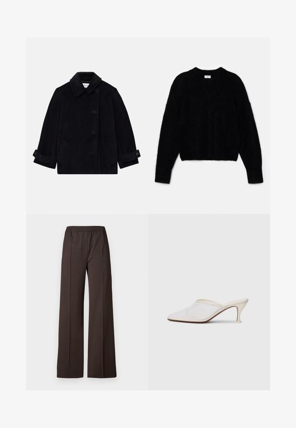 Palton din lâna albastru marin, cu guler, închidere cu un singur nasture, două buzunare laterale și detalii la manșete cu nasturi.; Pulover scurt negru, confecționat dintr-un material pufos. Are un decolteu rotund și mâneci lungi cu o textură moale. Design minim, fără modele.; Pantaloni largi dintr-o țesătură maro închis cu un tiv elastic, având o textură netedă și linii curate pentru un aspect elegant.; Mule alb cu plasă, cu vârf ascuțit, toc subțire de înălțime medie și design slip-on, pe un fundal simplu.