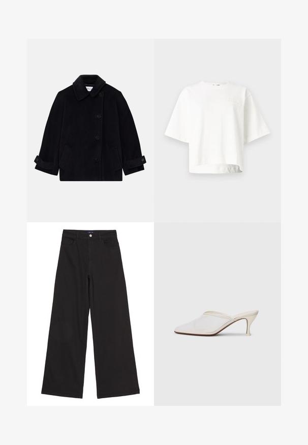 Navy blue wool coat featuring a collar, single-breasted button closure, two side pockets, and cuff detail with buttons.; White short-sleeve cropped t-shirt made from soft fabric, featuring a subtle embossed brand logo on the left chest area.; Black wide-leg pants made of denim, featuring a high waist, front pockets, and a single metal button at the waistband, smooth texture.; White mesh pointed-toe mule with a slim mid-height heel and slip-on design against a plain background.