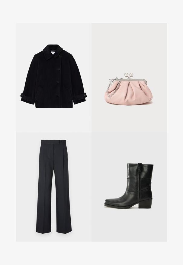 Tengerészkék gyapjúdzseki, amelynek gallérja, egy gombos zárása, két oldalsó zsebe és gombos mandzsettája van.; Hosszú ujjú, világos bézs blúz kerek nyakkivágással. Puha anyagból készült, középső varrással és enyhén ívelt szegéllyel rendelkezik. Nincs rajta látható fémrész.; Sötétkék csíkos nadrág magas derékkal, széles szárú kialakítással, látható fémrészletek vagy díszítések nélkül. Sima textúra és szabott fazon.; Fekete bőr bokacsizma lekerekített orral, blokk sarkúval, oldalsó cipzárral és varrásos díszítéssel az elején. Simább textúra, klasszikus dizájn.; Rózsaszín bőr clutch táska gyűrt dizájnnal, fém kerettel, két kerek csattal és ezüst lánccal. Sima textúrájú, kompakt formájú.