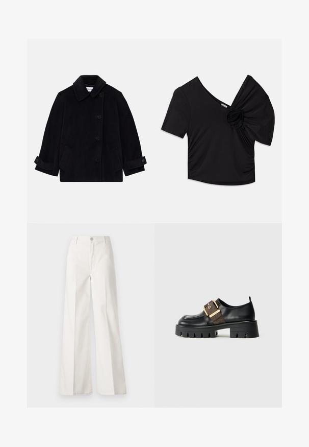 Abrigo de lana azul marino con cuello, cierre de botones de un solo pecho, dos bolsillos laterales y detalles en los puños con botones.; Top negro de manga corta con un escote en V profundo y un acento floral texturizado en un hombro, con detalle fruncido en el costado.; Pantalones de pierna ancha blancos hechos de algodón con una textura suave. Cuenta con un botón delantero, cremallera y un diseño de cuatro bolsillos.; Zapato de cuero negro con suela gruesa, que presenta una correa con hebilla dorada y un acento texturizado marrón. Punta redondeada y diseño minimalista.
