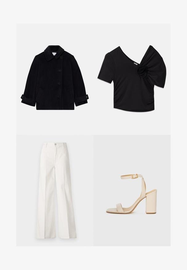 Temno modra volnena bunda z ovratnikom, enonastavno zapiranje s gumbi, dvema stranskima žepoma in detajli na manšetah z gumbi.; Črni kratkosleeveni top, ki ima globok V-izrez in teksturiran cvetlični okras na enem ramenu, s nabranimi detajli na strani.; Bele široke hlače iz bombaža z gladko teksturo. Imajo gumb spredaj, zadrgo in zasnovo z štirimi žepi.; Bež visoke sandale s kvadratnim nosom, tankim trakicama okoli gležnja in blok peto. Gladka usnjena tekstura s podrobnostjo v zlati barvi.