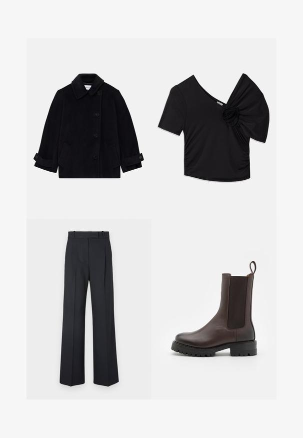 Námornícky modrý vlnený kabát s golierom, jednoradovým uzatváraním na gombíky, dvoma bočnými vreckami a manžetami s gombíkmi.; Čierny krátky rukáv top s hlbokým výstrihom do V a textúrovaným kvetinovým akcentom na jednom ramene s nariasením na boku.; Tmavomodré pruhované nohavice s vysokým pásom, širokými nohavicami a bez viditeľného hardvéru alebo ozdôb. Hladká textúra a prispôsobený strih.; Hnedé kožené členkové čižmy s elastickými bočnými panelmi, pútkom a masívnou podrážkou s dezénom. Hladký povrch a robustný dizajn.