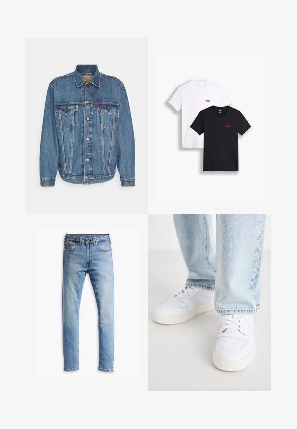 Denim jacket in medium blue with a button-front, two chest pockets, and classic collar. Features stitching details and relaxed fit.; Two short-sleeve t-shirts: one white and one black. Both made of cotton with a red Levi's logo on the chest. Simple crew-neck design.; Light blue denim jeans with a straight-cut design, five pockets, button closure, and subtle fading across the fabric.; White leather low-top sneakers with perforated toe, flat laces, and minimalistic design. Paired with light blue denim jeans.