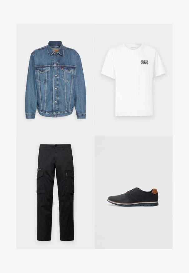 Jakna od trapera u srednje plavoj boji s dugmadi sprijeda, dva džepa na prsima i klasičnom ovratniku. Sadrži detalje šavova i opušten fit.; Bijela pamučna majica, kratki rukavi, okrugli izrez. Sadrži crni tekstualni logo "JACK & JONES" na lijevoj strani prsnog dijela. Jednostavan, običan dizajn.; Crne cargo hlače s više džepova, zatvorenim džepom na bedru, ravnog kroja i čvrstog pamuka s blagim sjajem.; Crne sintetičke cipele s teksturiranim gornjim dijelom, glatkim akcentima, smešnim petom i kontrastnom potplatom. Imaju minimalne vezice i detalje šivanja.