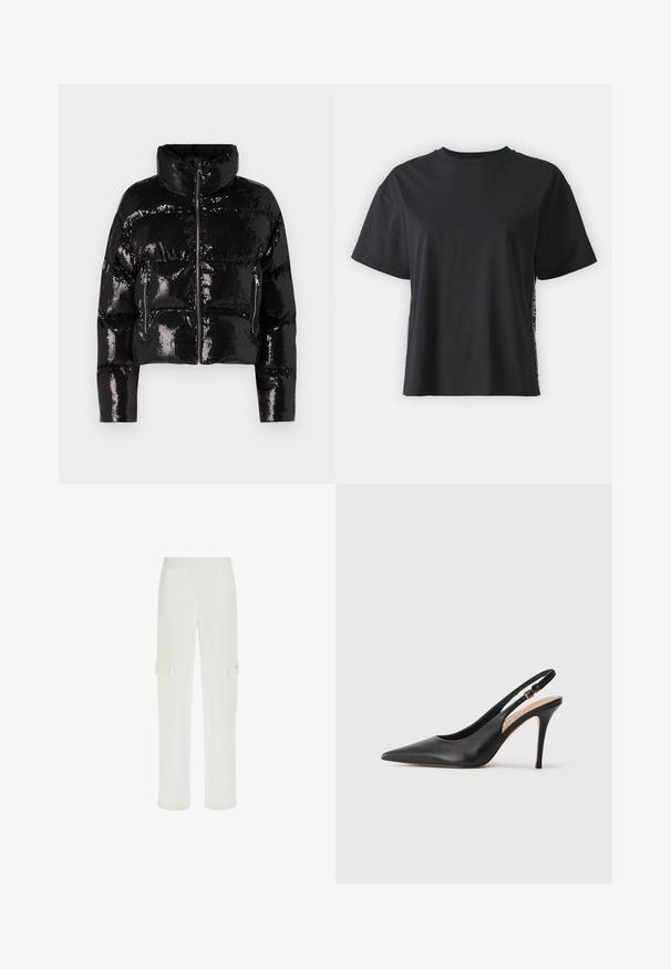 Schwarze Pailletten-Steppjacke mit hohem Kragen, Reißverschluss und zwei vorderen Reißverschlusstaschen. Glatte, glänzende Textur mit cropped Design.; Schwarzes kurzärmliges Baumwoll-T-Shirt mit lockerer Passform und kontrastierendem Seitenpanel, das kleine Text- und Designdetails aufweist.; Weiße Cargo-Hosen aus glattem Stoff, mit zwei Fronttaschen mit Klappen und einem elastischen Bund für zusätzlichen Komfort. Gerades Bein-Design.; Schwarze Leder-Slingback-Pumps mit spitzer Zehenform, glatter Textur und einem zarten Riemen mit einer metallischen Schnalle.