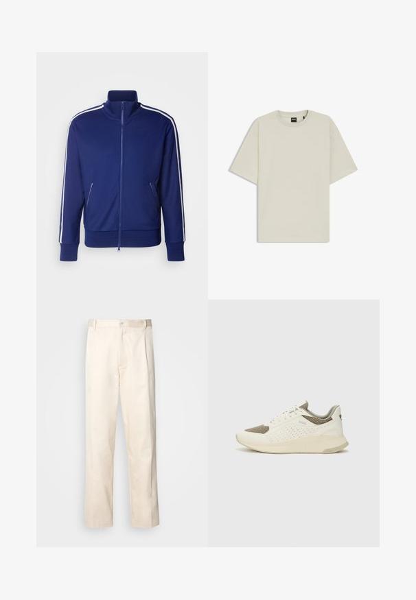 GANT TRACKSUIT JACKET - Training jacket - rich navy; Light beige t-shirt made of soft cotton, featuring a relaxed fit, crew neck, and short sleeves. No visible patterns or accents.; Beige cotton trousers with a straight-leg cut, featuring a button closure and pleats at the front for added detail.; White and light beige athletic sneaker, featuring a mesh upper, perforated detailing, and a textured midsole with branding on the heel.