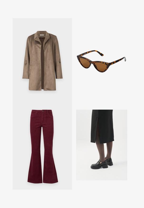 Ruda zomšos panaši striukė su įpjovimu apykakle, tiesiu siluetu ir ilgomis rankovėmis. Su papildomais priekiais kišenėmis ir kontrastinga vidine pamušalu.; JDY LORRAINE - Džemperis - cement; Burgundiškos aksominės platėjančios džinsai su penkiomis kišenėmis, priekiniais mygtukais ir tekstūruota medžiaga. Platėjimas prasideda nuo kelio iki apvado.; Juodos odinės bateliai su apvaliu nosiu, stora blokine pakulne ir elastingais šonais, derinami su tamsiomis pėdkelnėmis ir juoda sijonu su plyšiu.; Katės akies saulės akiniai su juodu ir oranžiniu šarvuotu rėmeliu, ruda objektyvu ir elegantiškais, smailiais galiukais. Rėmelyje yra minimalus logotipas ant šventės.