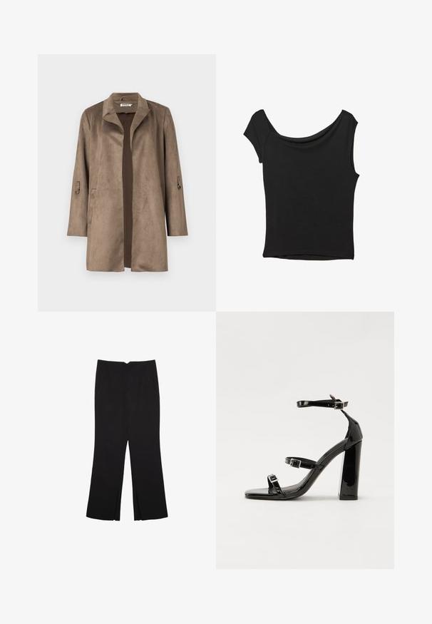 Hnedá semišová bunda s klopovým golierom, rovný strih a dlhé rukávy. Obsahuje predné vrecká a kontrastnú podšívku.; Čierny krátky rukáv top vyrobený z hladkej tkaniny; má prehnutý výstrih a asymetrický lem, s priliehavým telom.; Čierne nohavice so strihom rovného strihu, s prednými vreckami a bočnými rozparkami na leme. Vyrobené z mäkkej, hladkej tkaniny. Vhodné na rôzne príležitosti.; Čierne lakované sandále na podpätku so štvorcovou špičkou, navlečenými remienkami okolo členku a striebornými prackami. Disponujú masívnym blokovým podpätkom pre stabilitu.