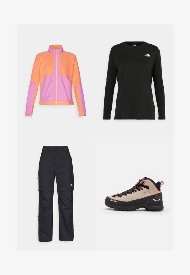 Helly Hansen RIG JACKET - Fleecová bunda - peach echo; Černé tričko s dlouhým rukávem vyrobené z bavlny s kulatým výstřihem. Na levé části hrudi se nachází malé bílé logo. Jednoduchý design a střih.; Černé nylonové cargo kalhoty na zip s nastavitelnými manžetami, několika kapsami a logem na pravé noze. Hladká, lehká textura.; Pánské turistické boty s béžovým semišovým svrškem, černou gumovou podrážkou, červenými detaily a šněrovacím designem pro bezpečné padnutí.