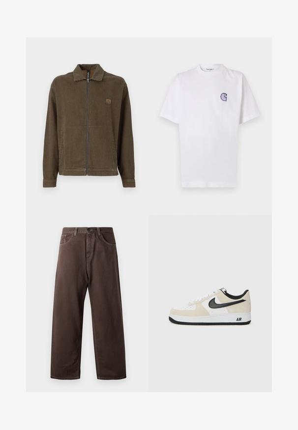 Chaqueta con cremallera de rayas verticales marrones y negras, con cuello y bolsillos laterales, que presenta un pequeño parche con logo en el pecho.; Camiseta blanca de algodón con mangas cortas, cuello redondo y un pequeño logo azul bordado en forma de "C" en el área del pecho izquierdo.; Pantalones de pierna ancha marrones hechos de algodón, con un clásico diseño de cinco bolsillos, cremallera y detalles de costura visibles.; Zapatillas con parte superior de ante beige claro y cuero blanco, swoosh negro de Nike, acentos negros y una suela de goma blanca con la marca "AIR".