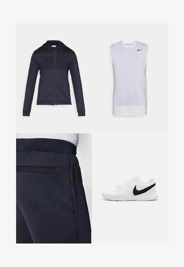 Tmavomodrá mikina na zips s textúrovaným horným panelom, kapucňou so sťahovacou šnúrkou, pruhmi po bokoch a rebrovanými manžetami. Vyrobená z ľahkého, pružného materiálu.; Biele bezrukávové športové tričko vyrobené z ľahkého materiálu. Má okrúhly výstrih a malú čiernu nálepku Nike na hornej ľavej strane.; Tmavomodré športové nohavice s mäkkou, štruktúrovanou tkaninou, elastickým pásom a bočným vreckom so zipsom pre pohodlie.; Biele športové topánky s textúrovaným zvrškom, čiernym logom Nike, polstrovaným golierom a pevným gumovým podošvou s vzorovaným dezénom.