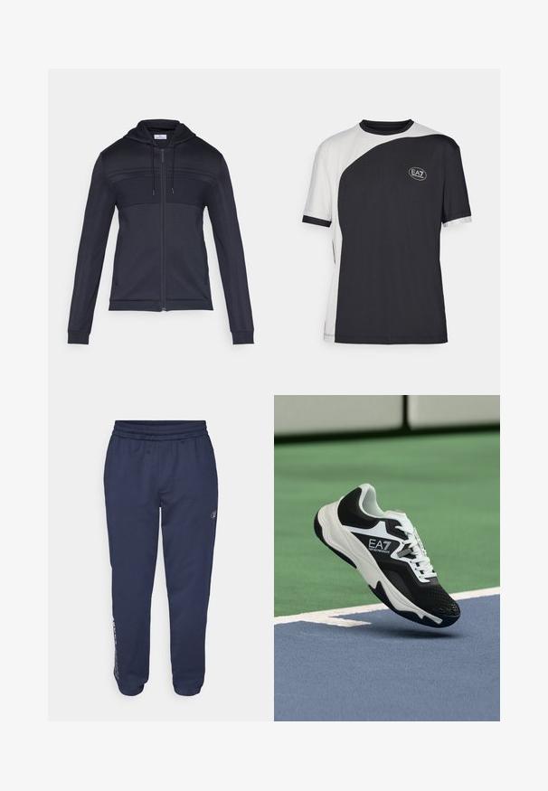 Navy plava majica s patentnim zatvaračem, teksturiranim gornjim dijelom, kapuljačom s vezicama, prugama sa strane i rebrastim manžetama. Izrađena od laganog, elastičnog materijala.; Majica kratkih rukava s dvobojnim dizajnom u crnoj i bijeloj boji, s glatkom teksturom i EA7 logotipom sprijeda.; Navy plave trenerke od mekane tkanine, sa remenom za stezanje u struku, bočnim džepovima i logom otisnutim duž lijeve nogavice.; Crno-bijela tenisica EA7 Emporio Armani koja se nalazi iznad plavih i zelenih linija teniskog terena.