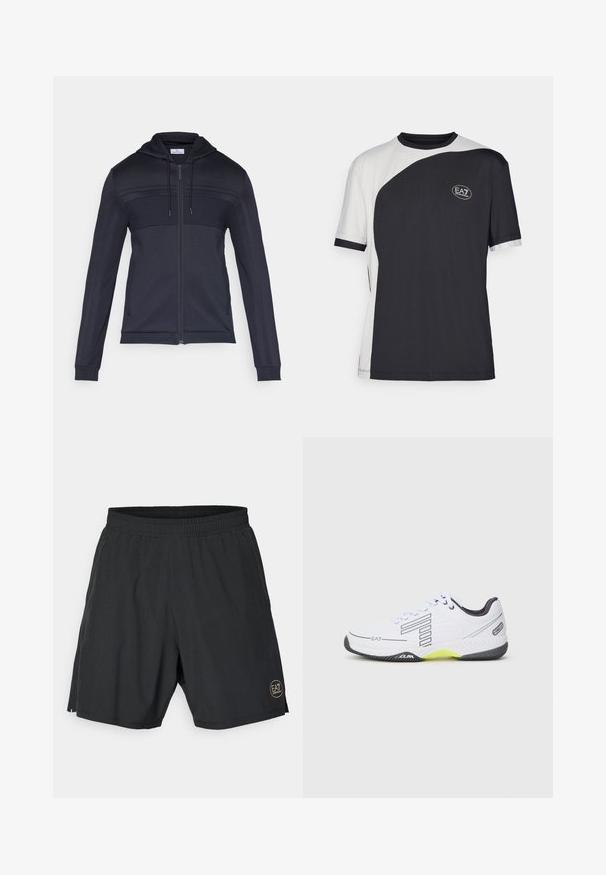 Navy zip-up hoodie with a textured upper panel, drawstring hood, side stripes, and ribbed cuffs. Made from a lightweight, flexible material.; Short-sleeve t-shirt featuring a two-tone design in black and white, with a smooth texture and an EA7 logo on the front.; Black athletic shorts made from lightweight fabric, featuring an elastic waistband and a gold circular logo on the lower right side.; White athletic shoe with black accents and gray details. Features a textured upper, laces, and a bright yellow sole segment.