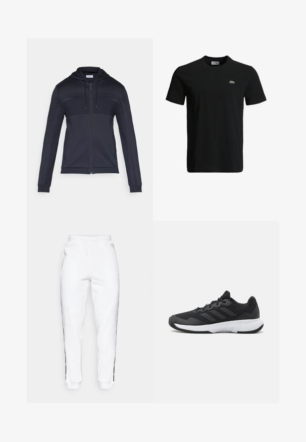 Marineblå hettegenser med glidelås, teksturert øvre panel, snor til hette, sidestriper og ribbede mansjetter. Laget av et lett og fleksibelt materiale.; Svart bomulls T-skjorte med rund hals, korte ermer, og en liten grønn krokodille-logo på venstre bryst. Glatt tekstur, uformelt design.; Hvite joggebukser med elastisk midje, med svarte sidestriper og mansjetter. Laget av myk stoff med en glatt tekstur.; Svart idrettssko med teksturert overdel, tre horisontale striper, og en hvit såle med mønstret gummibunn. Lettvekts og strømlinjeformet design.