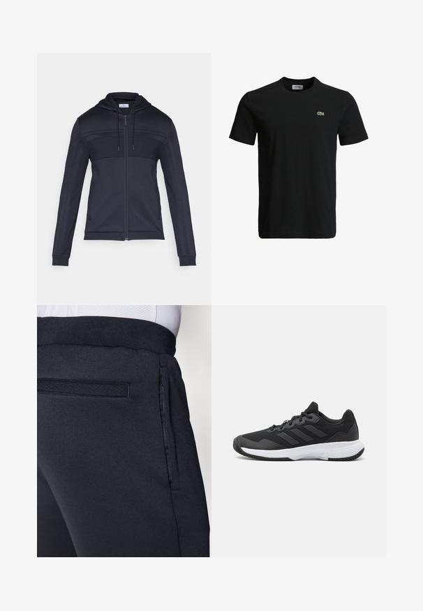 Tumši zils rāvējslēdzēja džemperis ar teksturētu augšējo paneli, kapuci ar aukliņu, sānu strīpām un ribotām aprocēm. Izgatavots no viegla, elastīga materiāla.; Melna kokvilnas T-krekls ar apaļu kakla izgriezumu, īsām piedurknēm un mazu zaļu krokodila logotipu kreisajā krūtī. Gluda tekstūra, ikdienišķs dizains.; Tumši zili sporta bikses ar mīkstu, teksturētu audumu, elastīgu jostu un sānu rāvējslēdzēja kabatu ērtībai.; Melna sporta apavi ar teksturētu virsu, trim horizontālām svītrām un baltu zoli ar rakstainu protektoru. Viegls un plūstošs dizains.