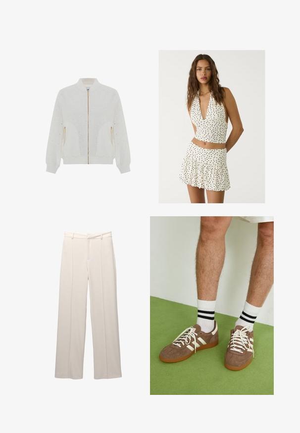 Valkoinen vetoketjullinen bomber-takki, jossa on silmukkakuvio, ribbauskaulus ja -hiharesorit, kultainen vetoketju ja kaksi sivutaskua. Pehmeä, teksturoitu kangas.; Valkoinen halterneck-toppi, jossa on mustia pallokuvioita, syvä V-pääntie ja rypytetty muotoilu. Yhdistetty vastaavanlaiseen kerrokselliseen mini-hameeseen.; Valkoiset leveälahkeiset housut vaaleasta beigeestä kankaasta, joka on sileäpintainen. Housuissa on istuva vyötärö, edessä laskokset, eikä näkyviä taskuja.; Ruske nahkate sneakerit valkoisilla korostuksilla ja nauhoilla. Kumi-gumipohja. Yhdistetty valkoisiin sukkiin, joissa on mustia raitoja. Vihreä teksturoitu lattia.