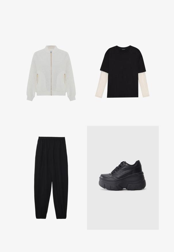 Witte bomberjack met ritssluiting en oogjespatroon, geribbelde kraag en manchetten, gouden ritssluiting en twee zijzakken. Zachte, gestructureerde stof.; Zwarte T-shirt van katoen, met korte mouwen over een witte lange mouw laag met een subtiel textuurpatroon. Ronde hals ontwerp.; Zwarte, lichte broek met een elastische tailleband en gathered enkels. De stof is glad en heeft een ontspannen, taps toelopend ontwerp.; Zwarte vetersneakers met een dikke zool, voorzien van een bovenwerk van soepel leer, een ronde neus en een herkenbaar gelaagd platformontwerp.
