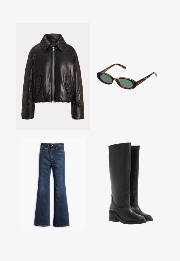 Černá kožená krátká bunda s špičatým límcem, předním zipem a dvěma našitými kapsami s knoflíkovými detaily. Hladká textura s prošívanými prvky.; Hnědá látka s jemnou texturou, s viditelným prošíváním a kruhovou značkou loga částečně zakrytou záhyby látky.; Džínové kalhoty s vysokým pasem v tmavě modré barvě, s rozšířenými nohavicemi, předním zapínáním na knoflík a zip, a designem s pěti kapsami.; Černé kožené kozačky do kolen s hladkým povrchem, zaoblenou špičkou a masivním podpatkem. Disponují jemným švem a elegantním designem.; Sluneční brýle ve hmotě želvoviny s oválnými obroučkami a zelenými čočkami. Mají tenké stranice s metalickým akcentem u závěsů.; Hnědá semišová kabelka s dvěma dlouhými uchy, obdélníkovým tvarem a ozdobným šitím. Obsahuje boční popruh a decentní zlaté kovové akcenty.