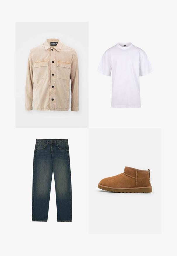 Dondup FIELD JACKET - Leichte Jacke - nut; Weißes Baumwoll-T-Shirt mit Rundhalsausschnitt, kurzen Ärmeln und lockerer Passform. Hat ein schlichtes Design ohne Muster oder Akzente.; Dunkelblaue Denim-Jeans mit geradem Schnitt, fünf Taschen-Design und leichter Waschung an den Beinen. Geeignet für legere Anlässe.; Hellbraune Wildleder-Stiefelette mit runder Zehenform, dezenten Nähdetails und einer strukturierten Gummisohle. Kurze Höhe ohne Schnürsenkel.