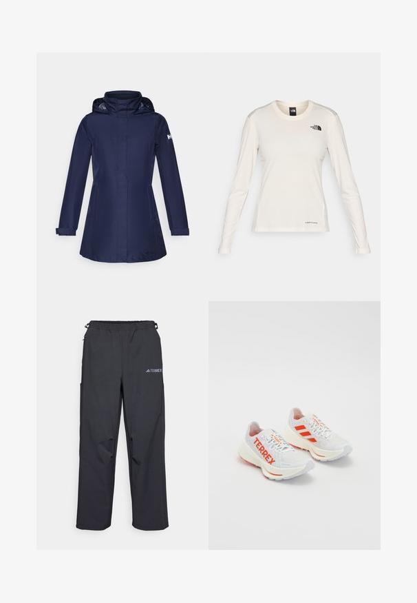 Mornarska nepremočljiva jakna s kapuco, dolgimi rokavi, dvema stranskima žepoma in vrvico na pasu. Na levem rokavu se nahaja logotip.; The North Face SHADOW LONG SLEEVE - Majica z dolgimi rokavi - white dune; Črne lahke hlače za prosti čas z elastičnim pasom, stranskimi žepi in logotipom na zgornjem desnem stegnu. Gladka, vodoodbojna tkanina.; Bela tekaška obutev z oranžnimi poudarki. Mrežast material, zaobljen toe in debela srednja podplata. "TERREX" natisnjen na bočni strani in tri črte na peti.