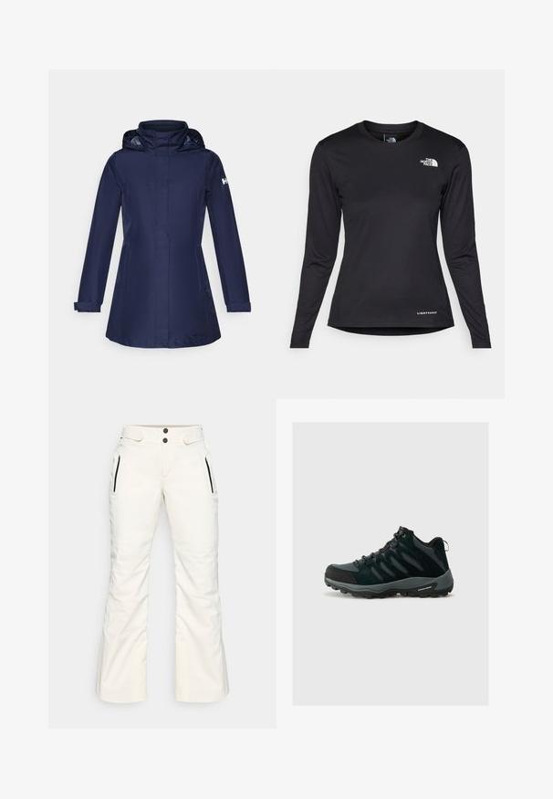 Ναυτικό αδιάβροχο μπουφάν με κουκούλα, μακριά μανίκια, δύο πλαϊνές τσέπες και κορδόνι στη μέση. Διαθέτει λογότυπο στο αριστερό μανίκι.; The North Face SHADOW LONG SLEEVE - Μπλούζα με μακριά μανίκια - black; Λευρά γυαλιστερά παντελόνια σκι, με δύο φερμουάρ στις πλευρές, δύο κουμπιά στη μέση και ελαφρώς φαρδιά γραμμή στο πόδι.; Columbia REDMOND - Παπούτσια πεζοπορίας - black/citron haze