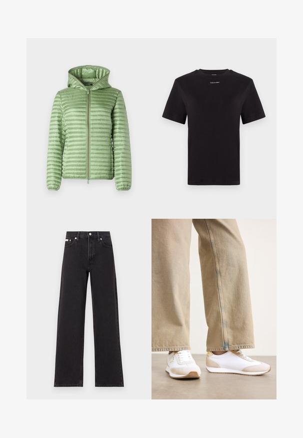 Padded jacket in light green with a quilted design, front zipper, and a lined hood. Features elastic cuffs for a snug fit.; Black cotton t-shirt with short sleeves, crew neck, and small white "Calvin Klein" logo at the chest. Smooth texture, classic fit.; Black wide-leg jeans made of denim, featuring a high-rise waist, five-pocket styling, and a metal button closure with contrasting stitching.; White sneakers featuring a beige suede accent, flat lace closure, and rubber outsole, paired with light beige straight-leg jeans.
