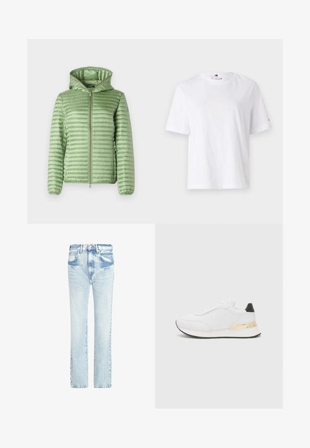 Gaiši zaļa polsterēta jaka ar kvadrātveida šuvēm, priekšējais rāvējslēdzis un odere cepure. Iespējas elastīgas aproces ciešai pieguļai.; Balts kokvilnas T-krekls ar apaļu kaklu, īsām piedurknēm un smalku dzeltenu logo dizainu, kas lasa "HILFIGER NEW YORK 1985". Standarta izgriezums.; Gai zili džinsi ar taisnu kāju dizainu, piecām kabatām un nolietotu tekstūru. Iekļauj redzamas šuves un klasisku pogu aizdari.; Baltas sporta apavs ar gludu virsmu, ar melnu papēža akcentu un zeltītu metāla detaļu uz vidus zoles. Saista dizains, gumijas zole.