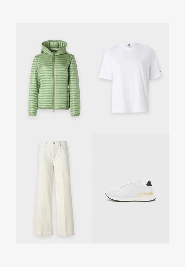 Padded jacket in light green with a quilted design, front zipper, and a lined hood. Features elastic cuffs for a snug fit.; White cotton T-shirt with a crew neck, short sleeves, and subtle yellow logo design reading "HILFIGER NEW YORK 1985." Standard fit.; Wide-leg white jeans made from cotton blend fabric. Features a zipper fly, five-pocket design, and stitching along the seams.; White sneaker with a smooth finish, featuring a black heel accent and a gold metallic detail on the midsole. Lace-up design, rubber sole.