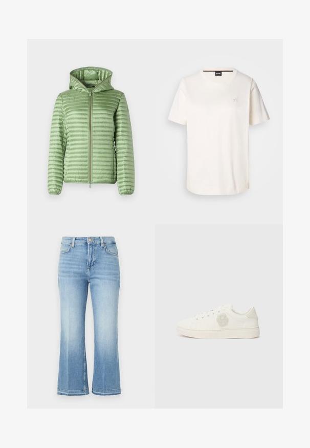 Polstret jakke i lysegrøn med quiltet design, frontlynlås og foret hætte. Har elastiske manchetter for en tætsiddende pasform.; Hvid bomulds t-shirt med korte ærmer, rund halsudskæring og et lille logo på brystet. Glat tekstur og lige nederste kant.; Lyseblå denim jeans med høj talje, brede flagrende ben, falmet design og stikninger på lommer og kant.; Hvide sneakers med en glat læderoverdel, rund tå, flade snørebånd og en tekstureret logo-patch på siden. Gummisål med minimal mønstring.