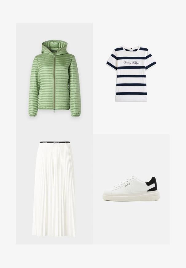 Jachetă căptușită de culoare verde deschis, cu un design matlasat, fermoar frontal și glugă căptușită. Are manșete elastice pentru o ajustare strânsă.; Tricou din bumbac cu dungi orizontale bleumarin pe un fundal alb. "Tommy Hilfiger" brodat în stil cursiv pe piept. Decolteu rotund.; Fustă plisată albă cu un brâu elastic negru, având logo-ul "LACOSTE". Design de lungime medie, cu textură moale.; Adidași din piele albă cu o talpă groasă albă, accent de călcâi din suede negru și logo embosat pe lateral. Design cu șireturi și șase orificii.