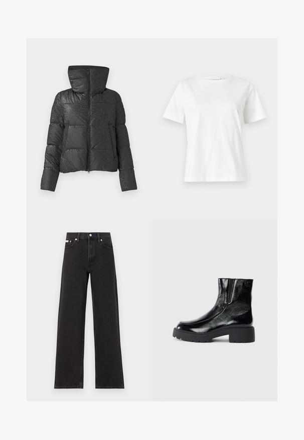 Casaco puffer preto com superfície texturizada, capuz proeminente, fecho de zíper e bolsos laterais. Apresenta um acabamento brilhante e refletor.; T-shirt de algodão branco com mangas curtas, decote redondo e um corte descontraído. Textura suave, sem padrões ou detalhes, design minimalista.; Jeans de perna larga pretos feitos de denim, apresentando uma cintura alta, estilo de cinco bolsos e um fecho em botão de metal com costura contrastante.; Botas de tornozelo pretas com acabamento em pele envernizada brilhante, sola de borracha preta robusta e salto elevado; inclui um detalhe discreto do logótipo na lateral.