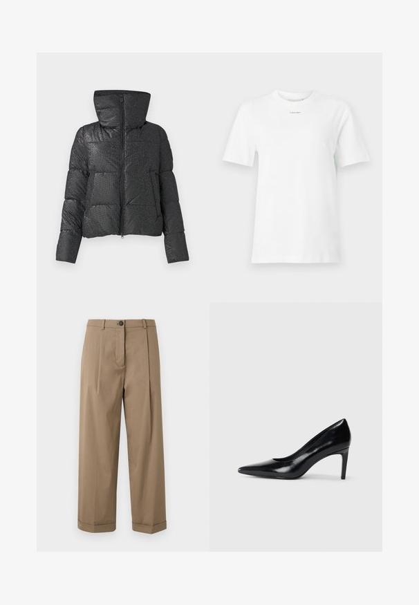 Czarna kurtka puchowa o teksturowanej powierzchni, wyraźnym kapturze, zapięciu na zamek błyskawiczny oraz bocznymi kieszeniami. Posiada błyszczące, odblaskowe wykończenie.; Biała bawełniana koszulka z okrągłym dekoltem, krótkimi rękawami i małym czarnym logo "Calvin Klein" na piersi. Prosty design, bez wzorów.; Brązowe spodnie o szerokich nogawkach z płaskim przodem z zakładkami, z zapięciem na guzik i podwiniętymi mankietami, wykonane z gładkiego materiału.; Czarna skórzana szpilka z ostrym noskiem, gładką fakturą i zwężającym się obcasem. Minimalistyczny design, bez dodatkowych zdobień.