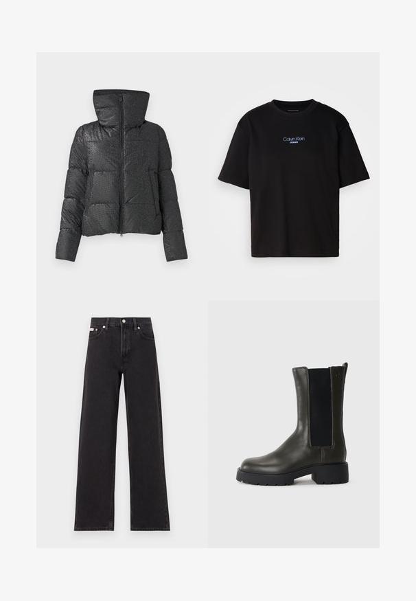 Black puffer jacket with a textured surface, prominent hood, zip closure, and side pockets. Features a glossy, reflective finish.; Black cotton t-shirt with a round neck, short sleeves, and blue embroidered "Calvin Klein JEANS" logo on the front.; Black wide-leg jeans made of denim, featuring a high-rise waist, five-pocket styling, and a metal button closure with contrasting stitching.; Green leather ankle boot with elastic side panels, rounded toe, and rubber sole. Features a textured finish and a block heel.