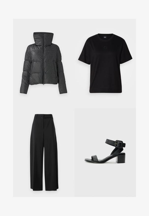Giacca puffer nera con superficie testurizzata, cappuccio prominente, chiusura a zip e tasche laterali. Presenta una finitura lucida e riflettente.; Maglietta in cotone nera con scollatura tonda, maniche corte e logo ricamato sul petto. Design semplice e vestibilità rilassata senza motivi.; Pantaloni larghi neri con vita alta e cintura. Presentano una texture liscia e linee pulite, progettati per un fit rilassato.; Sandalo con tacco in pelle nera, con cinturino alla caviglia regolabile, design open toe e tacco quadrato. Texture liscia, stile minimalista.