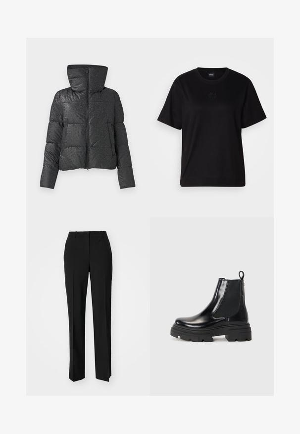 Doudoune noire avec une surface texturée, capuche proéminente, fermeture éclair et poches latérales. Finition brillante et réfléchissante.; T-shirt en coton noir avec un col rond, des manches courtes et un logo brodé sur la poitrine. Coupe simple et décontractée sans motifs.; Pantalon noir ajusté avec une coupe droite, présentant une texture lisse et des plis nets sur le devant. Aucune quincaillerie visible.; Bottines en cuir noir à la conception élégante, avec panneaux élastiques sur les côtés et une semelle épaisse noire. Dotées d'une tirette à l'arrière pour un enfilage facile.