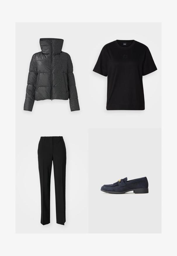 Musta puhvijakki, jossa on tekstuuri pinta, näyttävä huppu, vetoketjukiinnitys ja sivutaskut. Ominaisuuksiin kuuluu kiiltävä, heijastava pinta.; Musta puuvillapaita, jossa on pyöreä kaula-aukko, lyhyet hihat ja brodeerattu logo rinnassa. Yksinkertainen, rento istuvuus ilman kuvioita.; Mustat räätälöidyt housut suoraa lahjetta, joissa on sileä pinta ja terävät taitteet edessä. Ei näkyvää metalliosaa.; Laivastonsiniset nubuk loaferit matalalla mustalla korolla, joissa on koristeellinen kulta lameetuksen yksityiskohta edessä ja pyöristetty kärkimuoto.