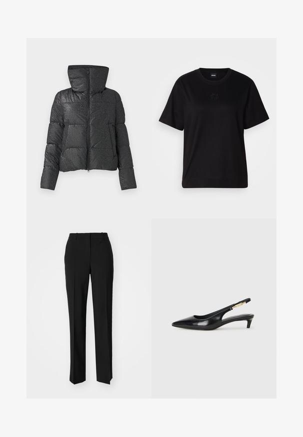 Musta puhvijakki, jossa on tekstuuri pinta, näyttävä huppu, vetoketjukiinnitys ja sivutaskut. Ominaisuuksiin kuuluu kiiltävä, heijastava pinta.; Musta puuvillapaita, jossa on pyöreä kaula-aukko, lyhyet hihat ja brodeerattu logo rinnassa. Yksinkertainen, rento istuvuus ilman kuvioita.; Mustat räätälöidyt housut suoraa lahjetta, joissa on sileä pinta ja terävät taitteet edessä. Ei näkyvää metalliosaa.; Mustat nahkaiset slingback-korkokengät, joissa on terävä kärki, ohuet korot ja kultasävytteinen yksityiskohta säädettävässä hihnassa. Silkkinen pinta.