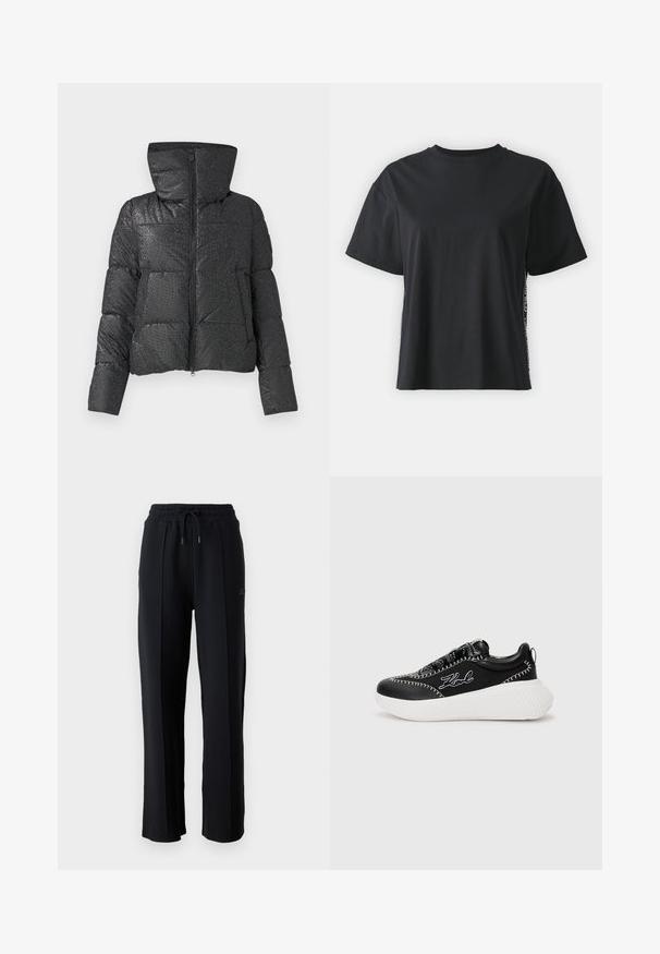 Fekete puff Dzseki textúrált felülettel, kiemelkedő kapucnival, cipzáras záródással és oldalsó zsebekkel. Fényes, tükröződő felülettel rendelkezik.; Fekete, rövid ujjú pamut póló, laza szabású, kontrasztos oldalsó panelekre jellemző kis szöveggel és dizájn részletekkel.; Fekete melegítőnadrág laza szabással, rugalmas derékpánttal, állítható húzózsinórral és függőleges varrásokkal a lábak mentén. Puha szövet textúra.; Fekete sneaker fehér talppal, bőrből és szövetből készült. Kontrasztos varrással és logóval rendelkezik az oldalon. Enyhén megemelt sarokkal.