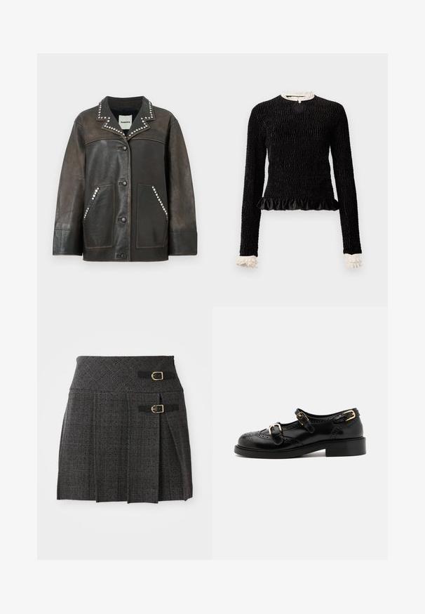 Jachetă din piele neagră cu detalii din ținte argintii pe guler și pe buzunare, având o închidere cu buton și un design clasic de tip cămașă.; Top negru cu mâneci lungi, dintr-un material texturat, cu un tiv ondulat și accente din volan alb la guler și manșete. Prezintă o închidere centrală cu bucle.; Fustă gri în carouri cu talie ajustată, accentuată de catarame duble și pliuri. Fabricată dintr-un material texturat cu un design țesut.; Pantofi din piele neagră cu detalii brogue, având două curele cu cataramă, vârf rotund și toc jos. Textură netedă cu finisaj lucios.