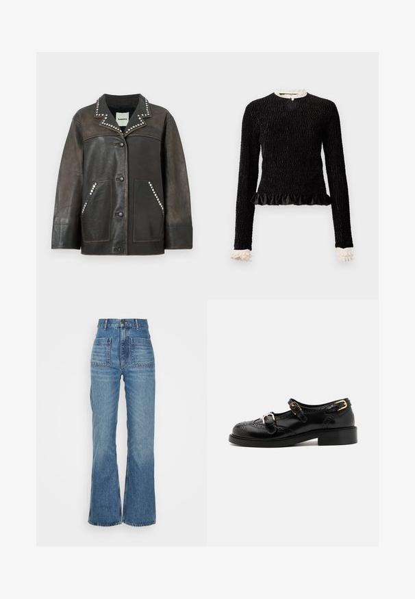 Črna usnjena jakna s srebrnimi žebljički ob ovratniku in žepih, z gumbom za zapiranje in klasičnim dizajnom srajce.; Črn dolg rokav vrh z teksturirano tkanino, nabranim robom in belimi nabranimi poudarki na ovratniku in manšetah. Ima osrednji zanka zapiranje.; Visoko pasí modri kavbojki z razširjenimi nogami, dvema sprednjima žepoma in dvema zadnjima žepoma; teksturirana tkanina z bledejšim umivanjem.; Črne usnjene čevlje z brogu podrobnostmi, ki vključujejo dva zaponka, okroglo konico in nizko peto. Gladka tekstura z sijočim zaključkom.