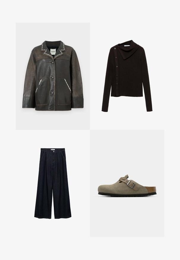 Giubbotto in pelle nera con dettagli in borchie argentate lungo il colletto e le tasche, dotato di chiusura con bottoni e un design classico stile camicia.; Maglione marrone lavorato a maglia con un design a collo alto, caratterizzato da una chiusura laterale con bottoni e maniche lunghe. Il tessuto appare morbido e texturizzato.; Pantaloni larghi in denim scuro con vita alta, dotati di chiusura frontale con bottone, due tasche laterali e dettagli di cucitura.; Zoccoli in suede di un verde oliva chiaro con una soletta in sughero e gomma sagomata. Presentano una cinghia laterale con fibbia metallica e una punta arrotondata.