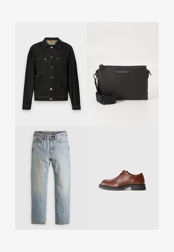 Črna usnjena jakna z ovratnikom, dvema žepoma na prsih in gumbi za zapiranje. Izdelana iz mehkega, teksturiranega materiala s klasičnim krojem.; Burgundska srajca z dolgimi rokavi iz bombaža, z ovratnikom na gumb, sprednjim gumbom in majhnim logotipom na prsih.; Svetlo modri džins hlače z visokim pasom, sprednjim gumbom, zadrgo in petimi žepi, laid flat na nevtralni podlagi.; Rjave usnjene oblečne čevlje z zaobljenim nosom, kontrastnim šivanjem, vezalnim dizajnom in teksturiranim črnim gumijastim podplatom.; Črna usnjena torba čez ramo z teksturirano površino, z zadrgo in prilagodljivim trakom. Znak na sprednji strani. Pravokotna oblika.