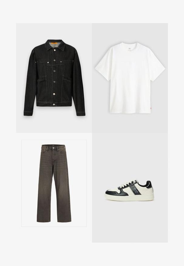 Crna teksas jakna s ovratnikom, dva džepa na prsima i dugmadi. Izrađena od mekog, teksturiranog materijala klasičnog kroja.; Bijela kratka majica od pamuka s okruglim izrezom. Sadrži suptilni reljefni logo detalj sprijeda i crvenu oznaku na rubu.; Široke traperice u tamnosivom denimu, s visokim strukom, klasičnim dizajnom s pet džepova i kontrastnim šavovima duž šavova.; Kožne tenisice s crno-bijelom paletom boja, koje imaju perforirane akcentne detalje, podstavljeni ovratnik i teksturiranu potplat.